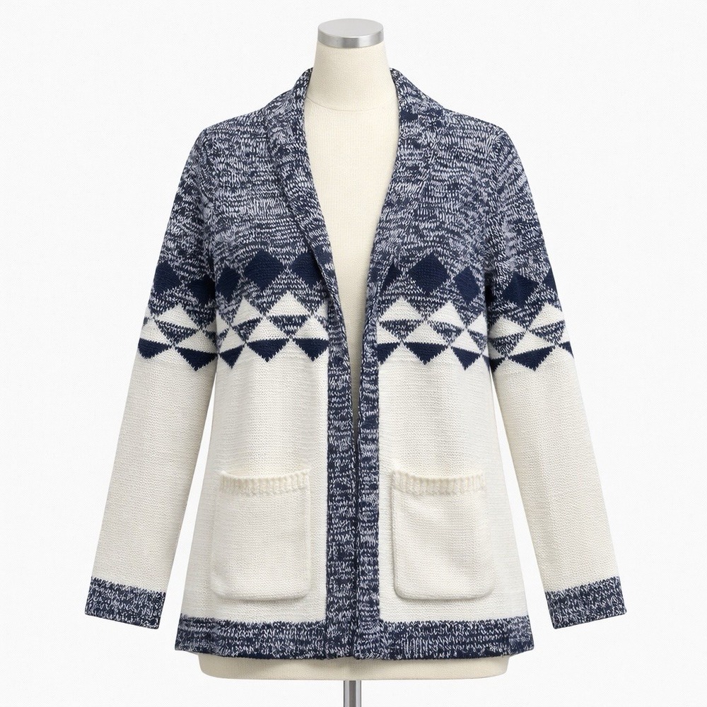 Gap Cardigan Sweater Women M Open Front Shawl Collar Blue Ivory‎ Geometric Knit